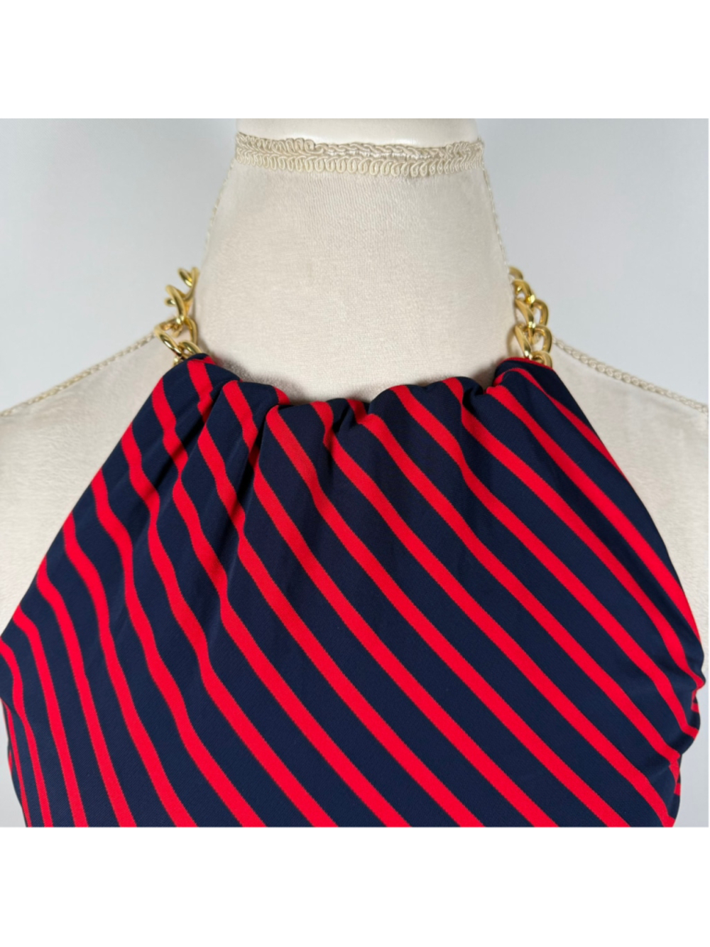 Ralph Lauren Stripe Halter Dress Navy Red Gold Chain Preppy Cocktail Maxi Size 6 - Picture 2 of 9